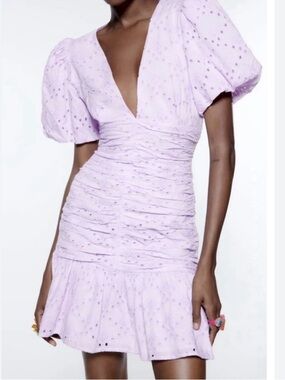 Zara lilac openwork embroidered mini dress medium